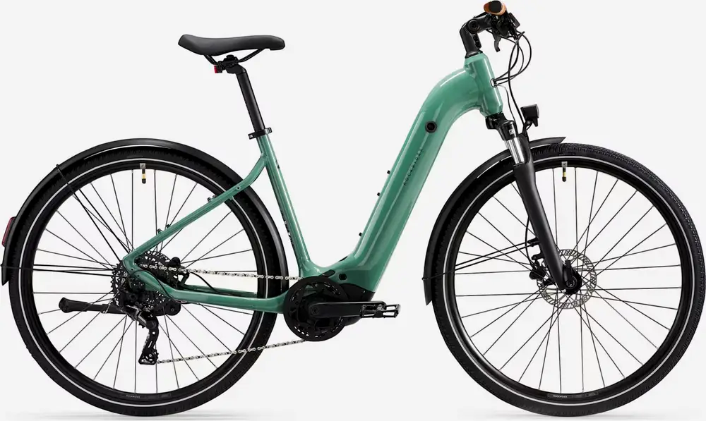 2024 Rockrider Electric hybrid bike with central motor and low frame, E-ACTV 500 green